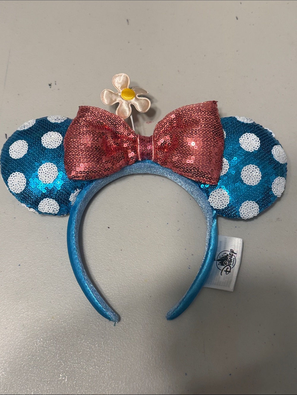 Disney Kids Teal Polka Dot Minnie Ears Headband with Pink Sequin Bow